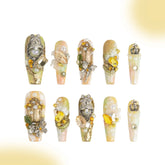 「Ginavive」10Pcs Handmade Press-on Nails, 3D Hand-Painted Reusable False Nails