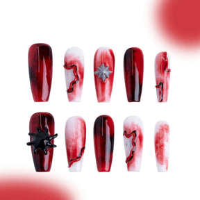 「Red Moon」10Pcs Handmade Press-on Nails, 3D Hand-Painted Reusable False Nails