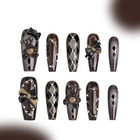 「Cocoa Bear」10Pcs Handmade Press-on Nails, 3D Hand-Painted Reusable False Nails