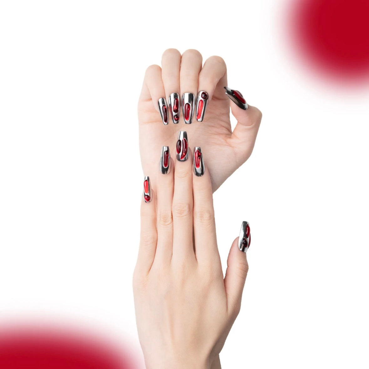 「Red Mirror」10Pcs Handmade Press-on Nails, 3D Hand-Painted Reusable False Nails