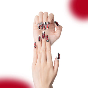 「Red Mirror」10Pcs Handmade Press-on Nails, 3D Hand-Painted Reusable False Nails