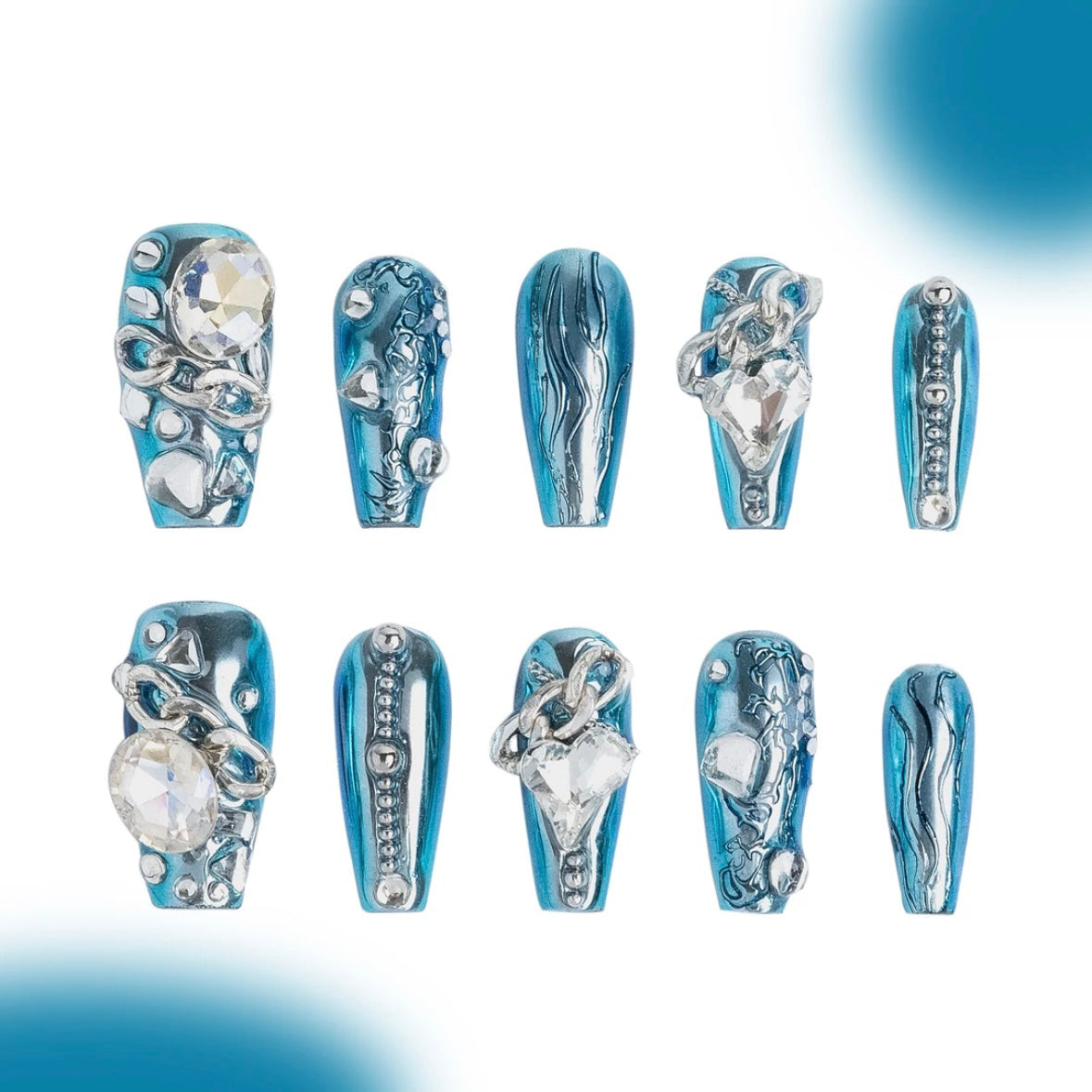 「Atlantis」10Pcs Handmade Press-on Nails, 3D Hand-Painted Reusable False Nails