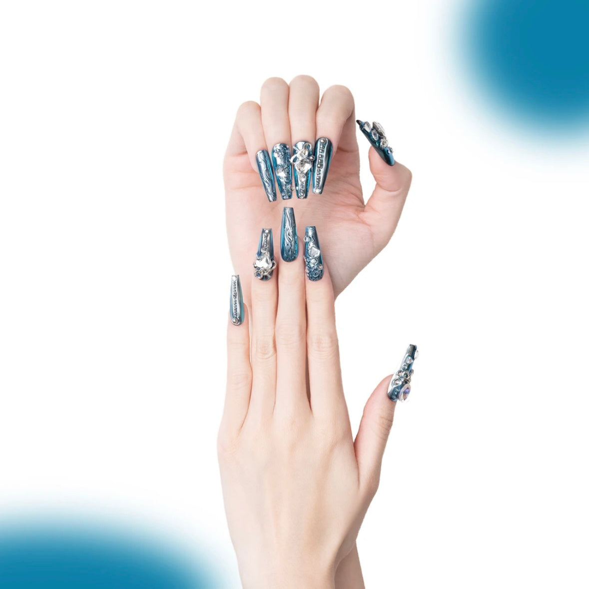 「Atlantis」10Pcs Handmade Press-on Nails, 3D Hand-Painted Reusable False Nails