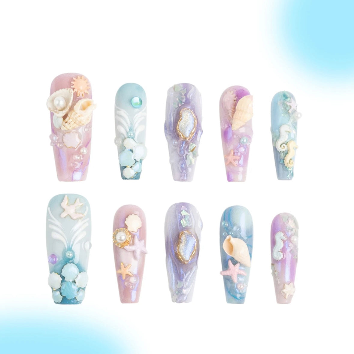 「Sea Daughter」10Pcs Handmade Press-on Nails, 3D Hand-Painted Reusable False Nails