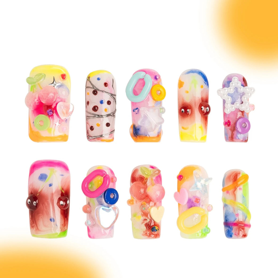 「Cherry Bomb」10Pcs Handmade Press-on Nails, 3D Hand-Painted Reusable False Nails