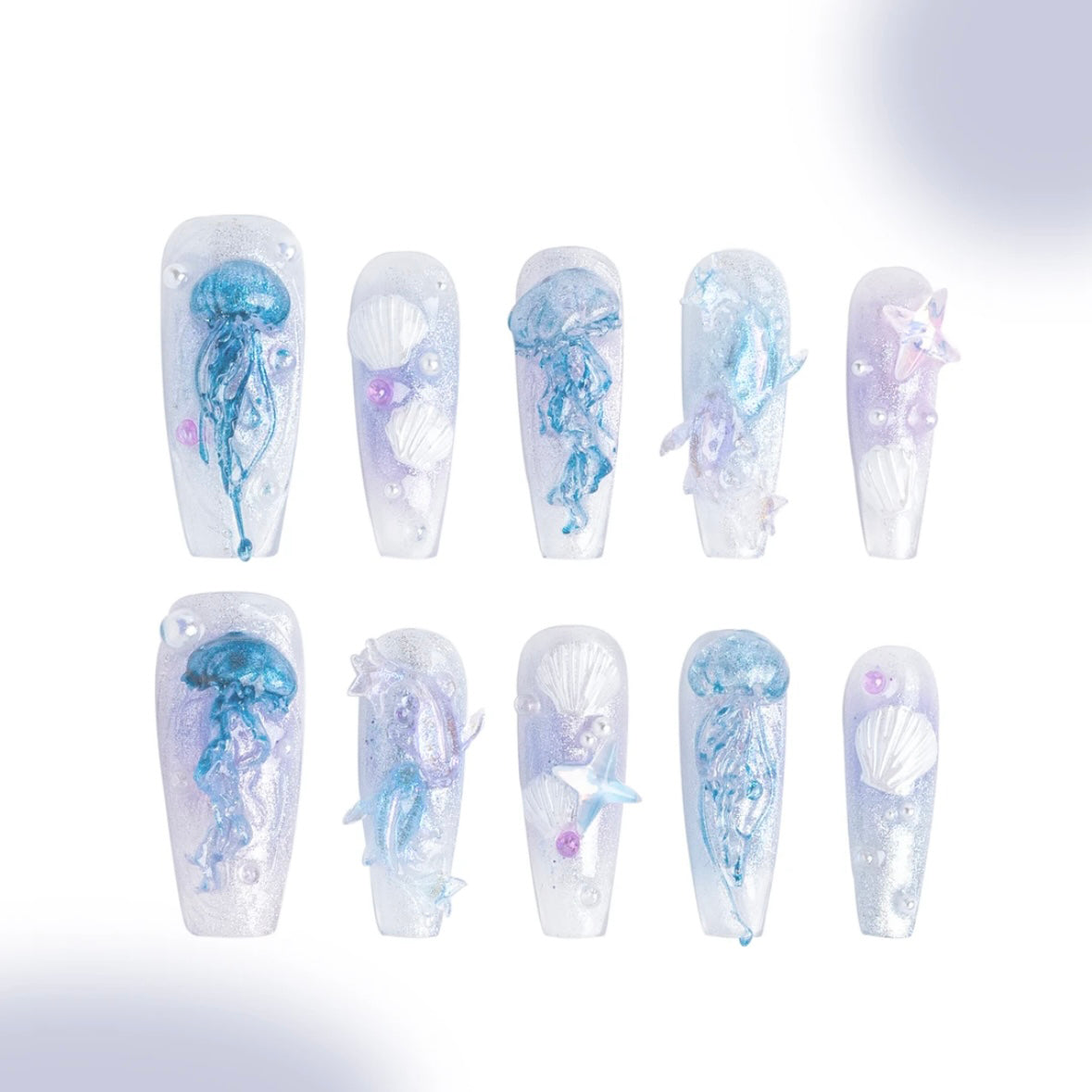 「Haiyue」10Pcs Handmade Press-on Nails, 3D Hand-Painted Reusable False Nails