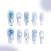 「Haiyue」10Pcs Handmade Press-on Nails, 3D Hand-Painted Reusable False Nails