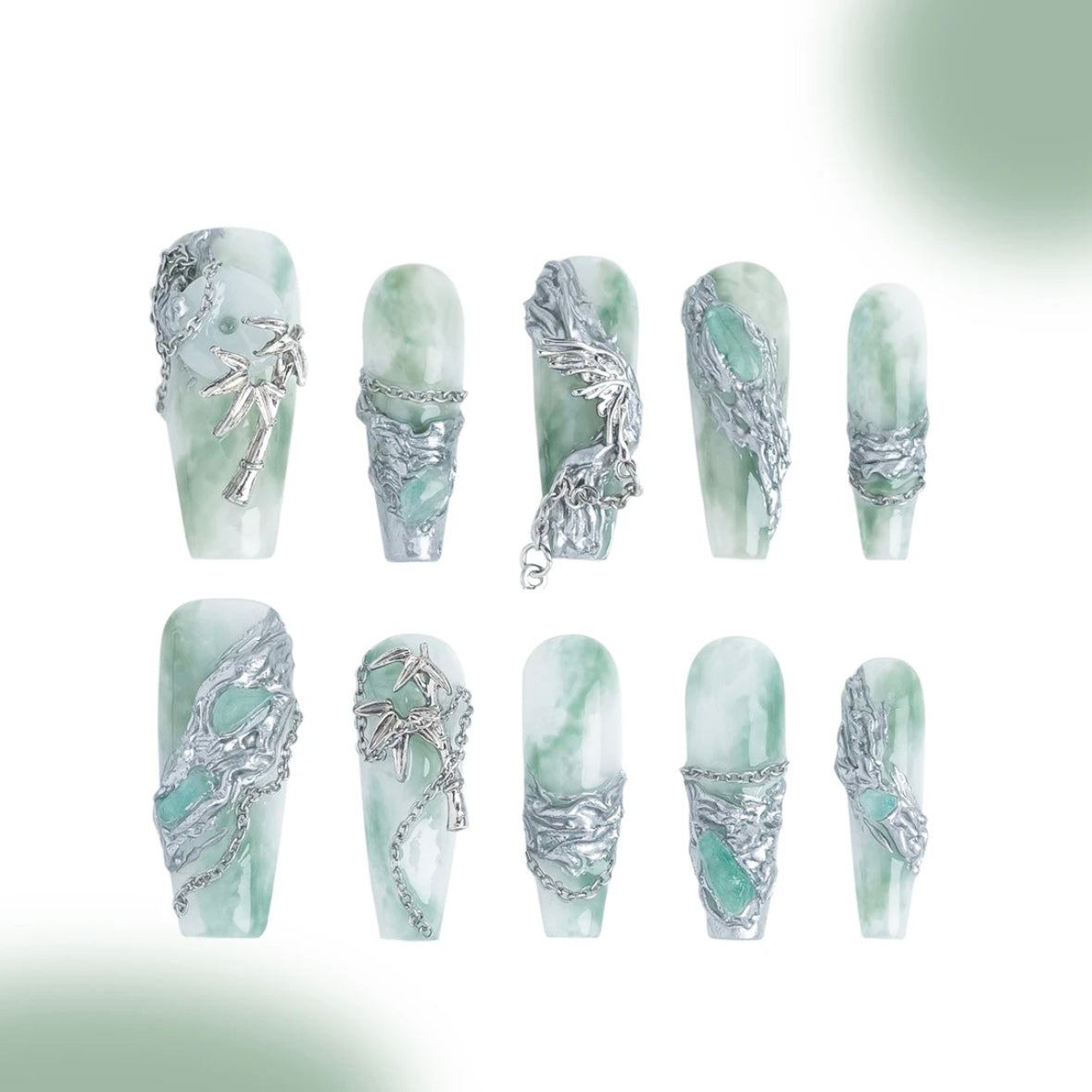 「Qingyao」10Pcs Handmade Press-on Nails, 3D Hand-Painted Reusable False Nails