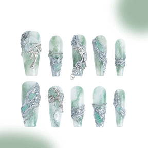 「Qingyao」10Pcs Handmade Press-on Nails, 3D Hand-Painted Reusable False Nails