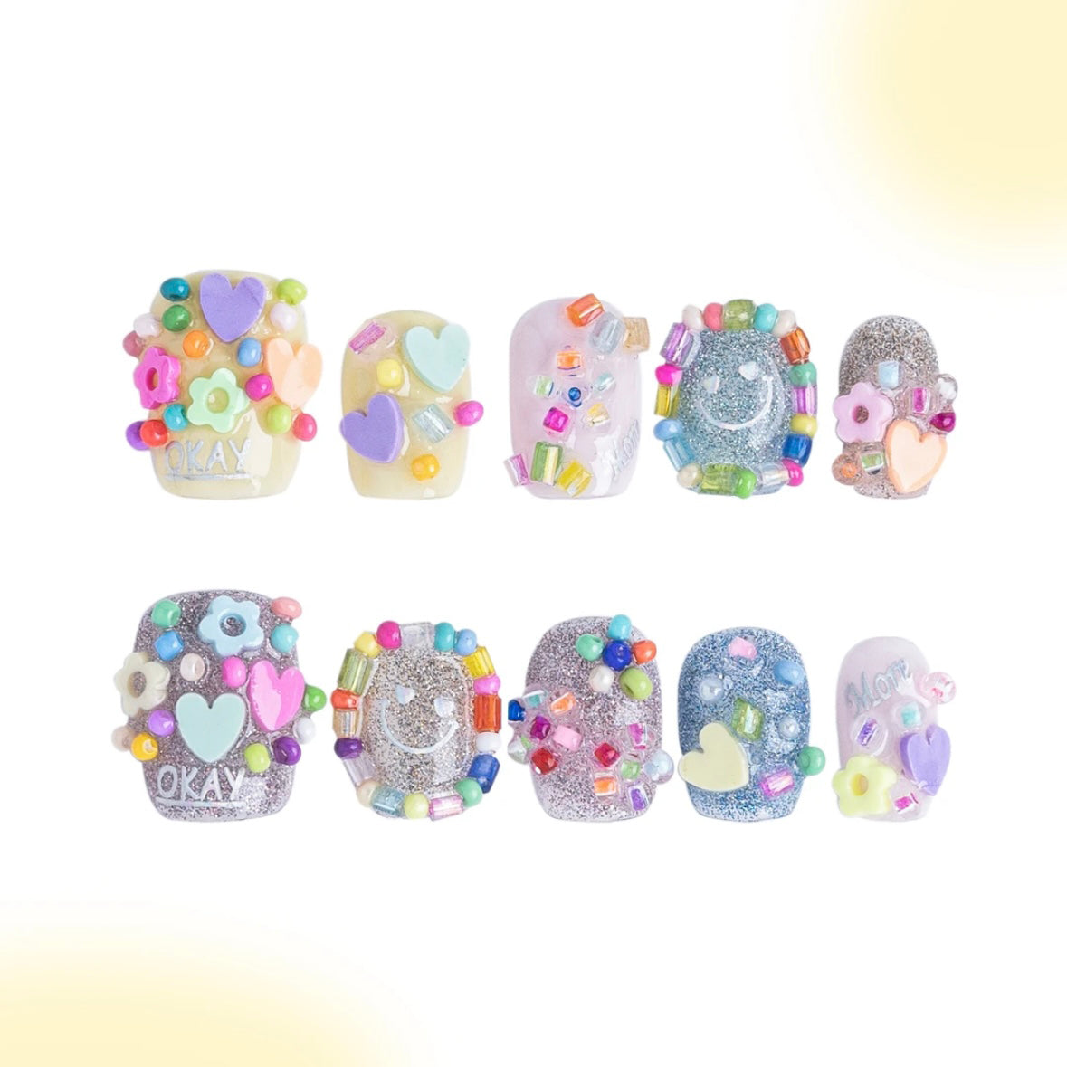 「Love Chain」10Pcs Handmade Press-on Nails, 3D Hand-Painted Reusable False Nails