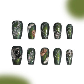 「Magic Tutor」10Pcs Handmade Press-on Nails, 3D Hand-Painted Reusable False Nails