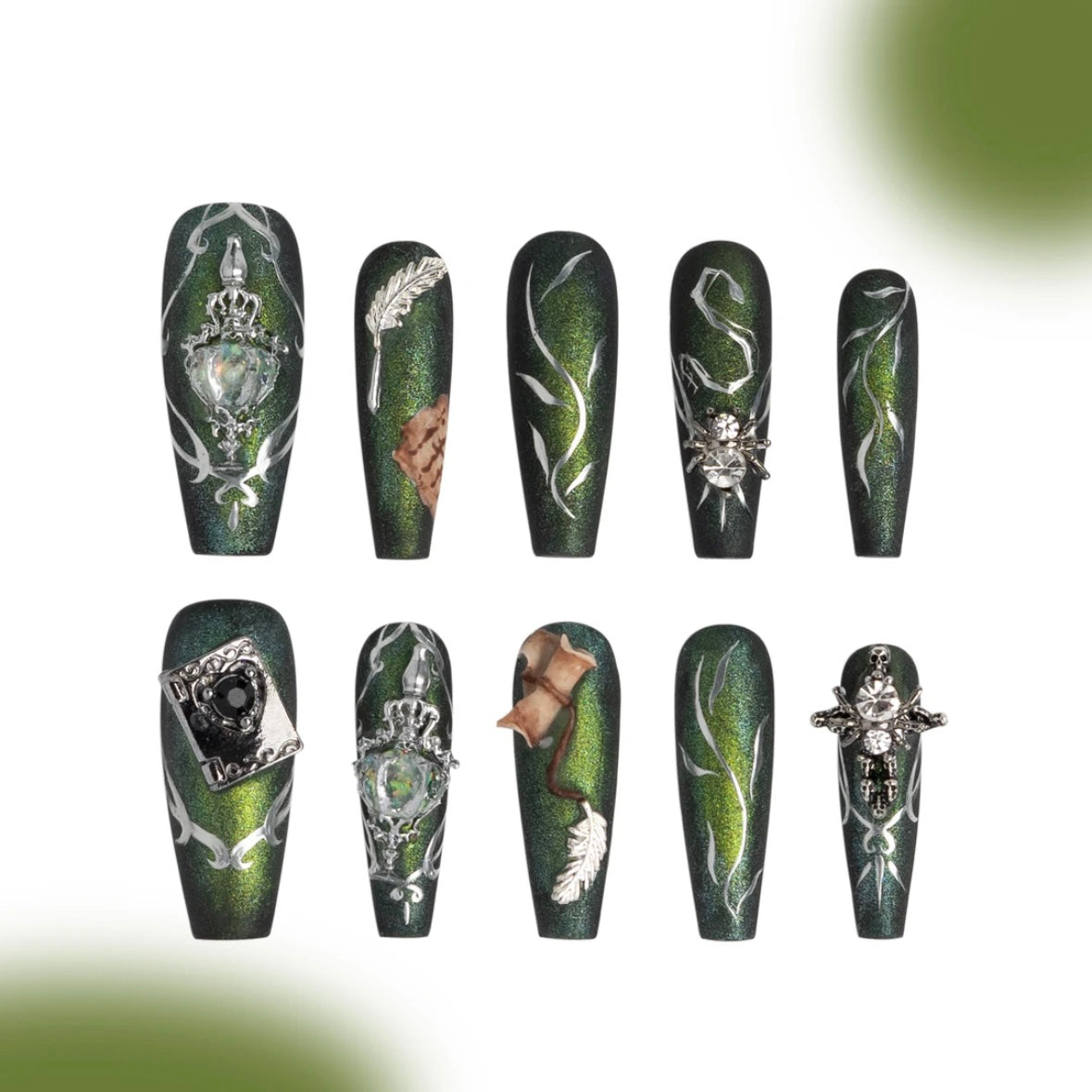 「Magic Tutor」10Pcs Handmade Press-on Nails, 3D Hand-Painted Reusable False Nails