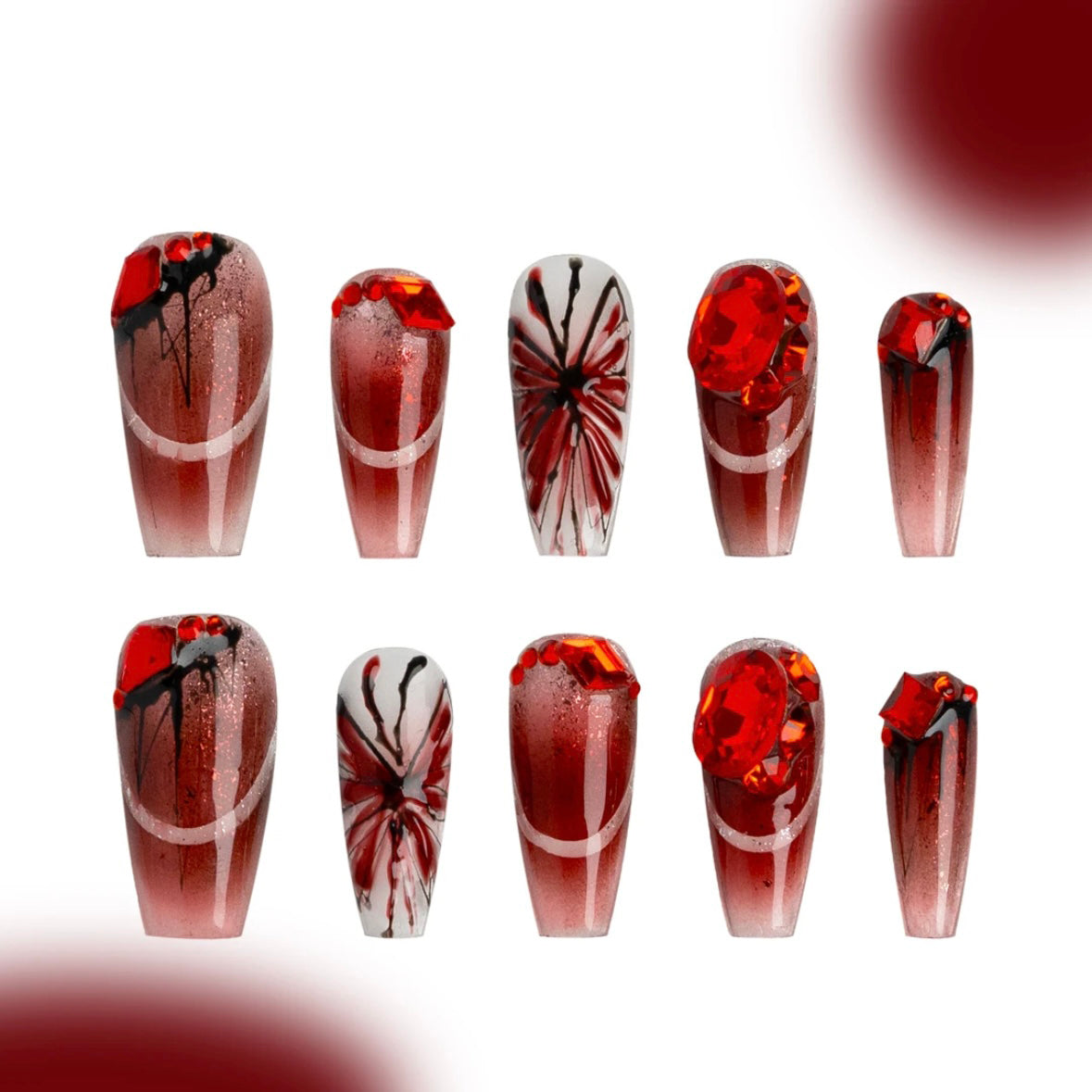 「Fudie」10Pcs Handmade Press-on Nails, 3D Hand-Painted Reusable False Nails