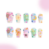 「Wait Summer」10Pcs Handmade Press-on Nails, 3D Hand-Painted Reusable False Nails