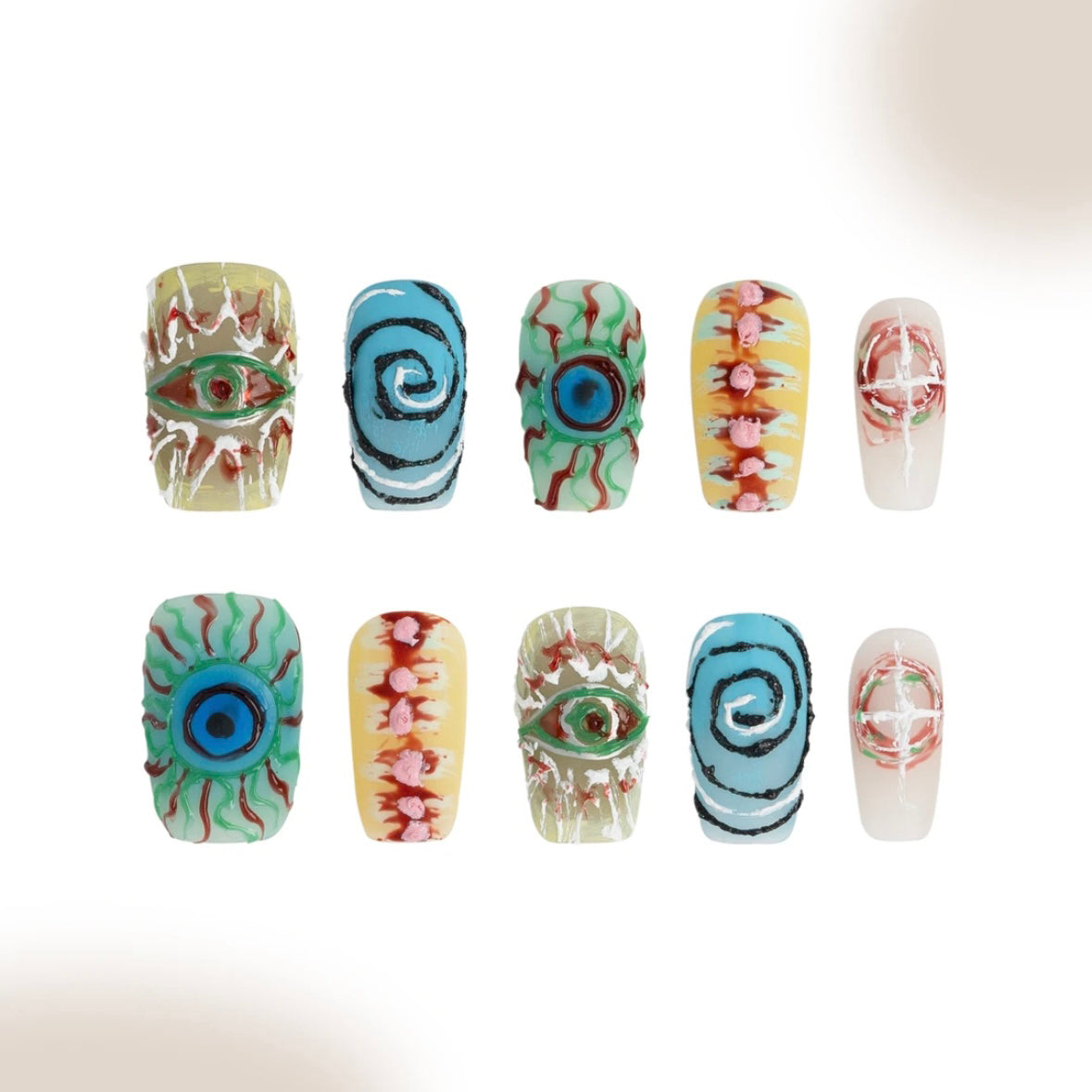 「Transmigration」10Pcs Handmade Press-on Nails, 3D Hand-Painted Reusable False Nails