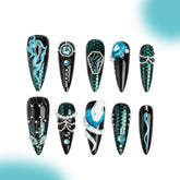 「Blue baby snake」10Pcs Handmade Press-on Nails, 3D Hand-Painted Reusable False Nails