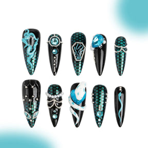 「Blue baby snake」10Pcs Handmade Press-on Nails, 3D Hand-Painted Reusable False Nails