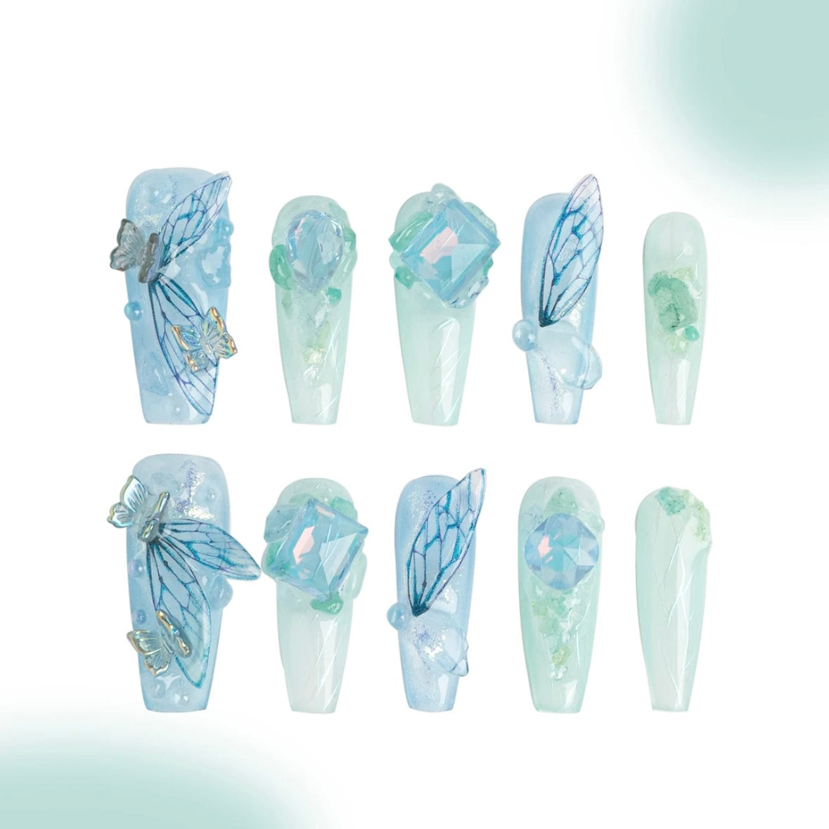 「The sound of cicadas」10Pcs Handmade Press-on Nails, 3D Hand-Painted Reusable False Nails