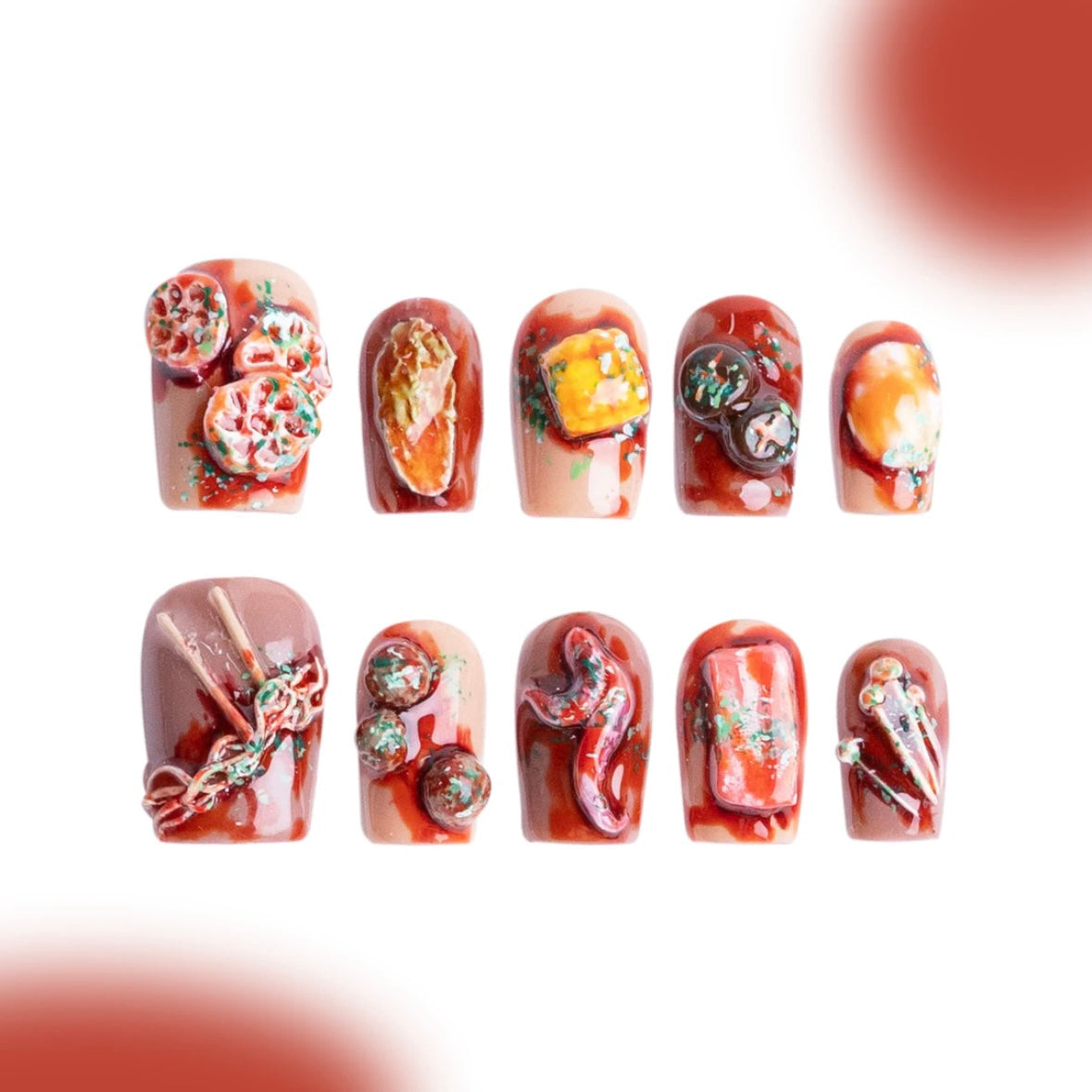 「Hotpot」10Pcs Handmade Press-on Nails, 3D Hand-Painted Reusable False Nails