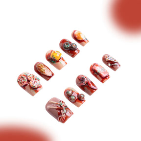 「Hotpot」10Pcs Handmade Press-on Nails, 3D Hand-Painted Reusable False Nails