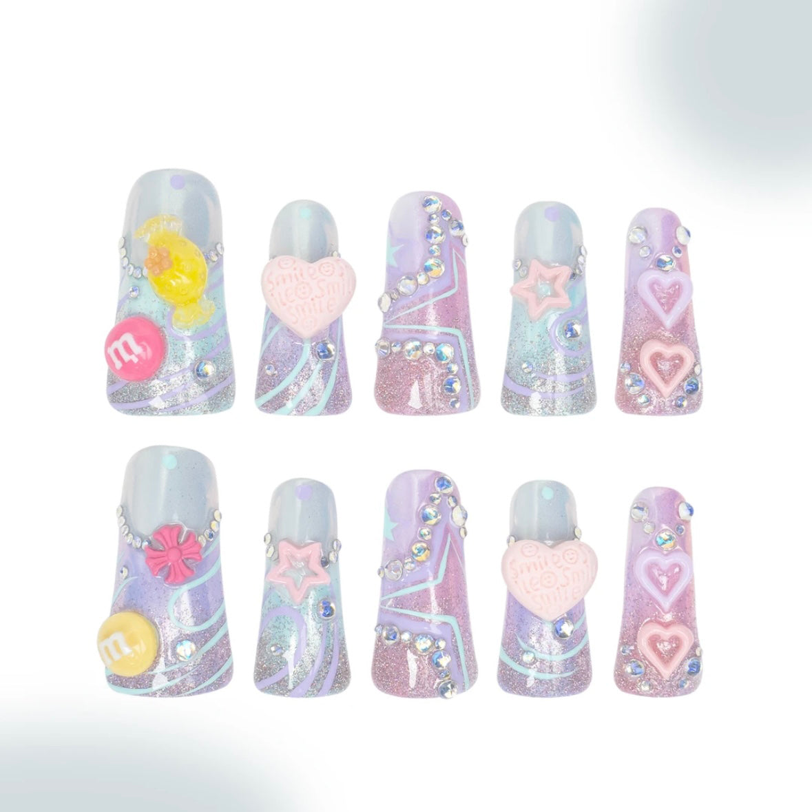 「Y2K」10Pcs Handmade Press-on Nails, 3D Hand-Painted Reusable False Nails