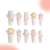 「Star guarding the moon」10Pcs Handmade Press-on Nails, 3D Hand-Painted Reusable False Nails