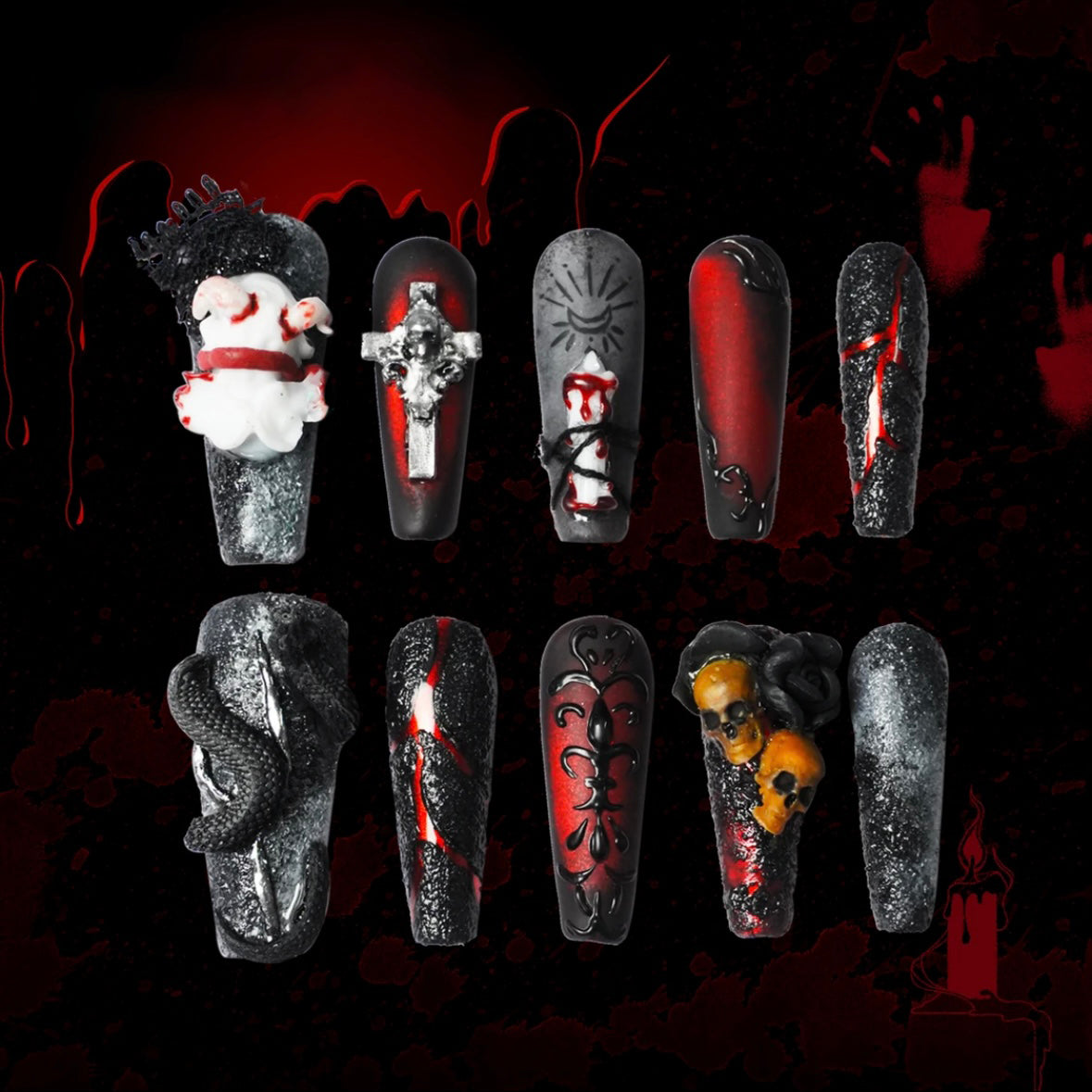 「Hades」10Pcs Handmade Press-on Nails, 3D Hand-Painted Reusable False Nails