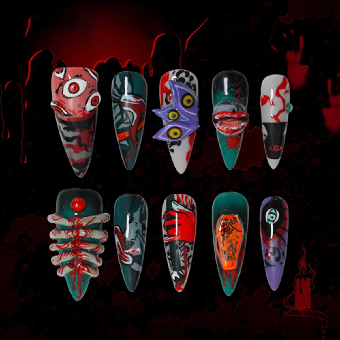 「Eye-Eating Monster」10Pcs Handmade Press-on Nails, 3D Hand-Painted Reusable False Nails