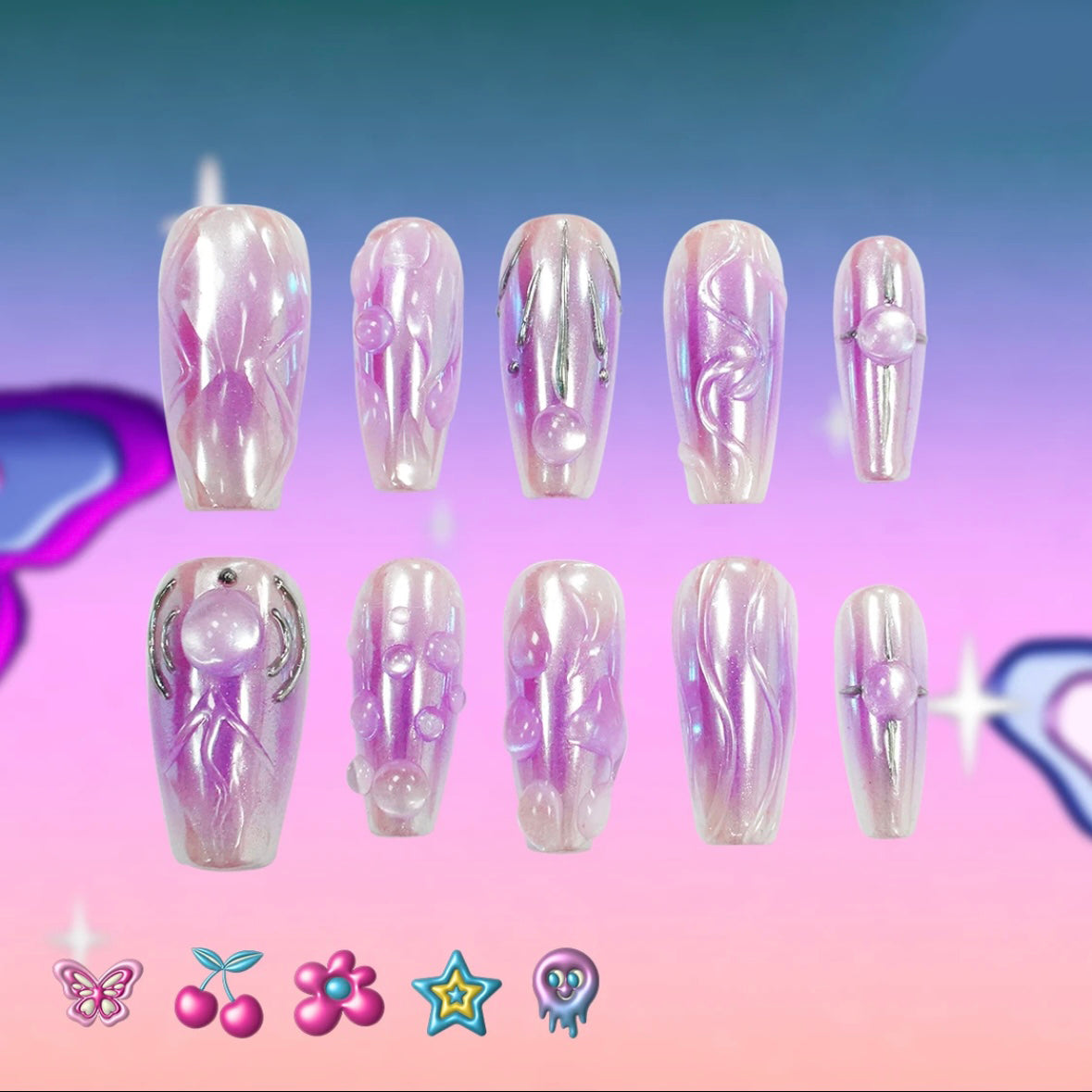 「Mermaid Girl」10Pcs Handmade Press-on Nails, 3D Hand-Painted Reusable False Nails