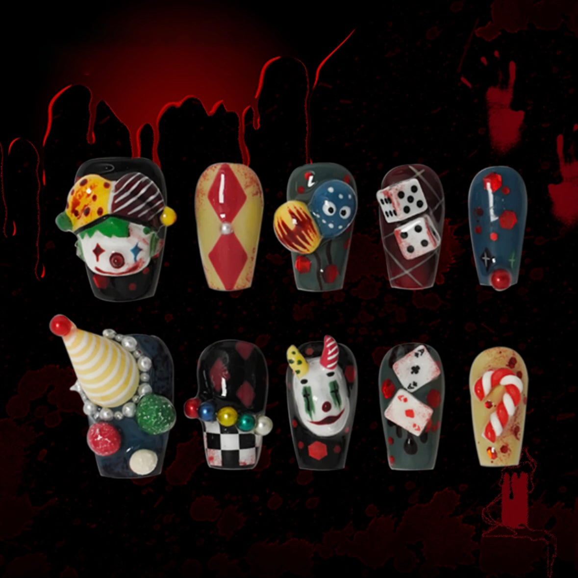 「Masked Clown」10Pcs Handmade Press-on Nails, 3D Hand-Painted Reusable False Nails