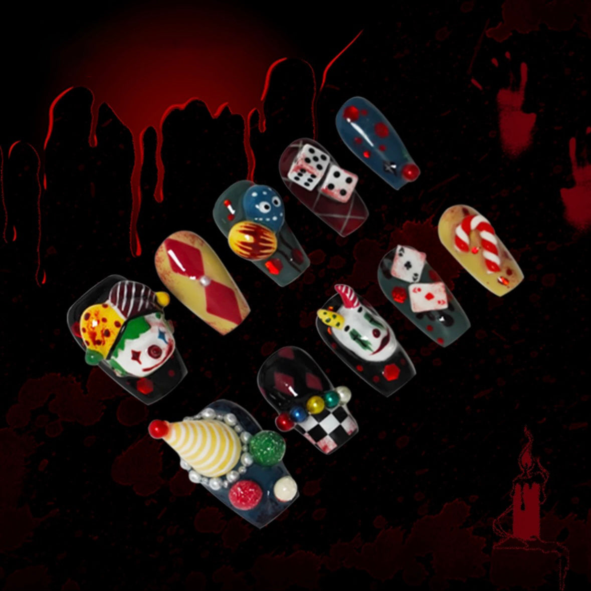 「Masked Clown」10Pcs Handmade Press-on Nails, 3D Hand-Painted Reusable False Nails