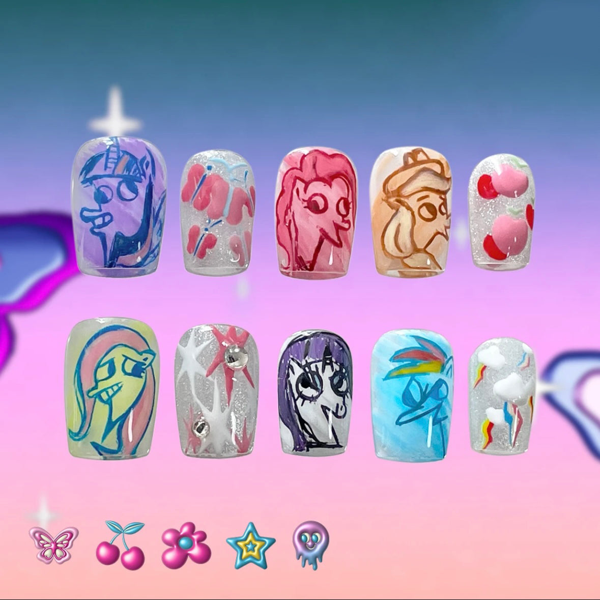 「My Little Pony」10Pcs Handmade Press-on Nails, 3D Hand-Painted Reusable False Nails