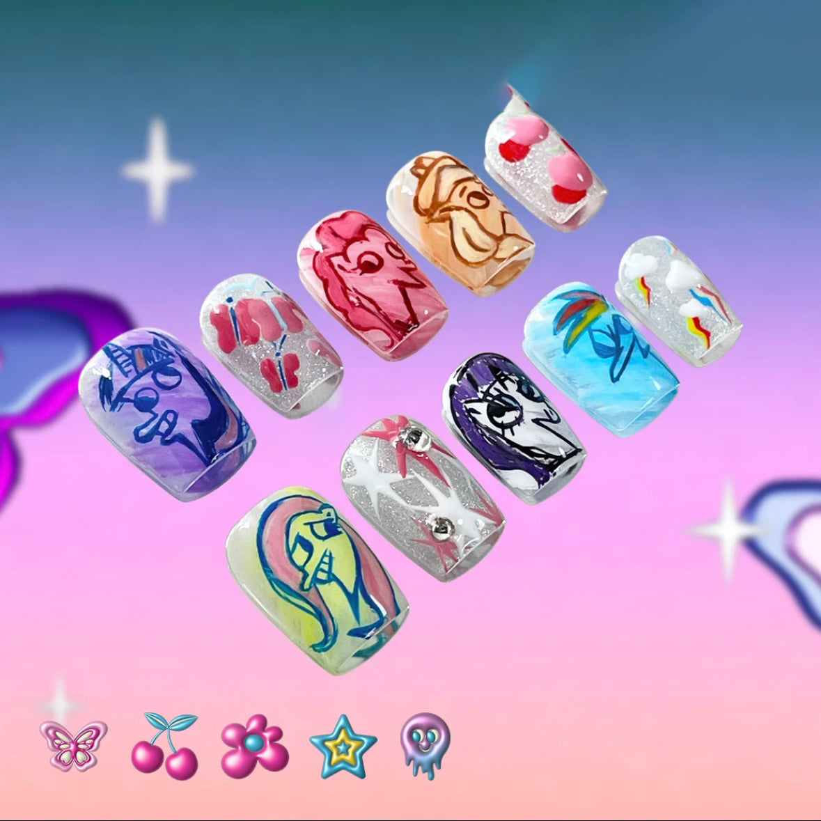 「My Little Pony」10Pcs Handmade Press-on Nails, 3D Hand-Painted Reusable False Nails