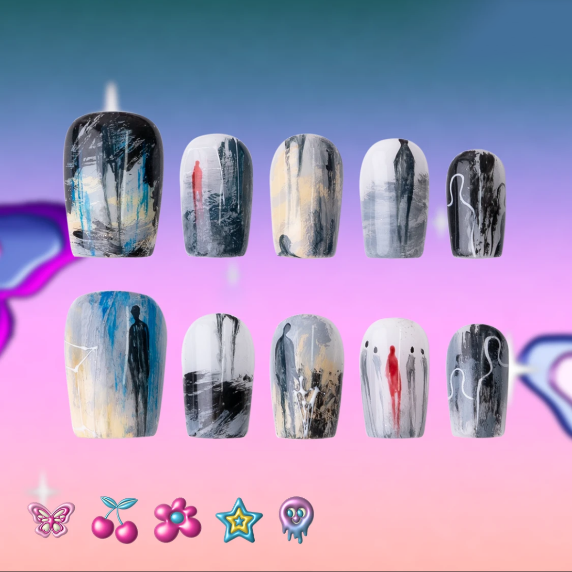 「Recluse」10Pcs Handmade Press-on Nails, 3D Hand-Painted Reusable False Nails