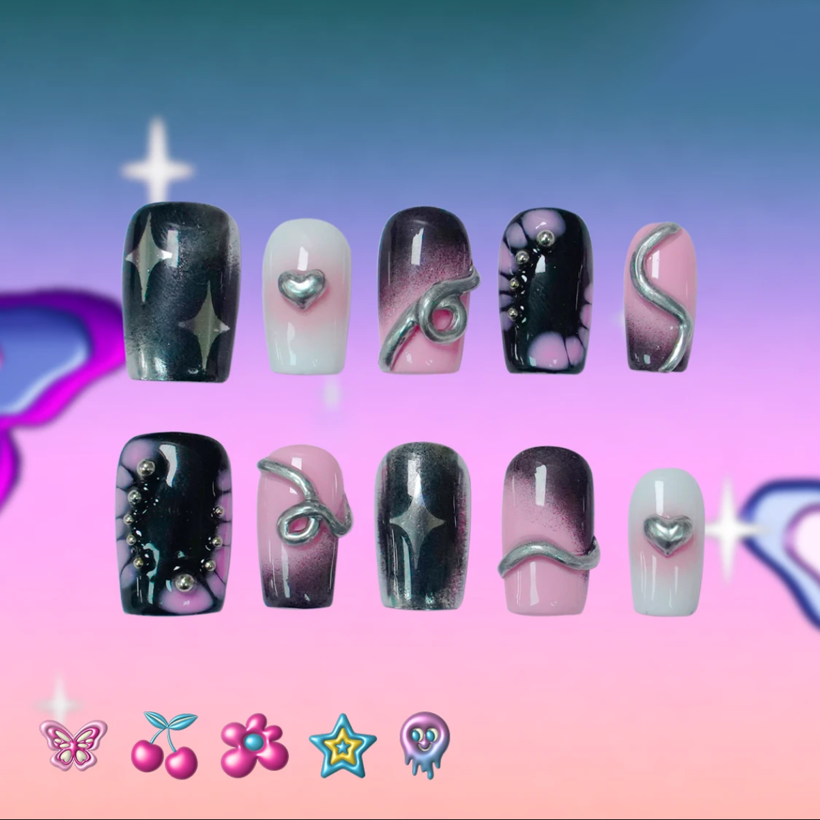 「Weird Pink」10Pcs Handmade Press-on Nails, 3D Hand-Painted Reusable False Nails