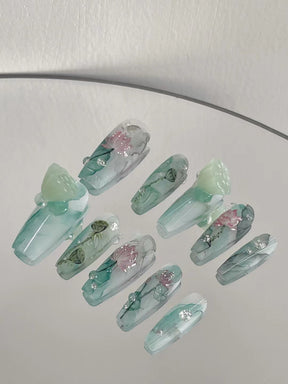 「Chinese Lotus」10Pcs Handmade Press-on Nails, 3D Hand-Painted Reusable False Nails