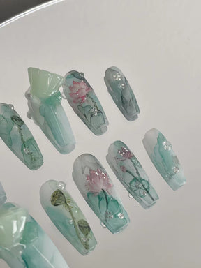 「Chinese Lotus」10Pcs Handmade Press-on Nails, 3D Hand-Painted Reusable False Nails